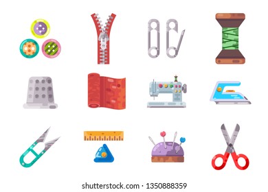 Sewing tools cloth tailoring craft sew fashion hobby design flat isolated isolated icons set vector illustration