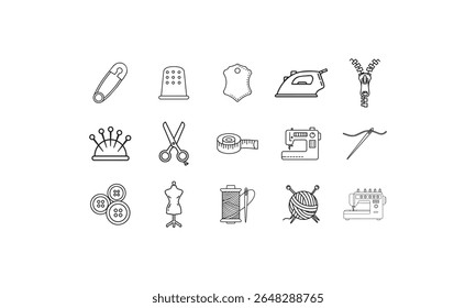 Sewing tools collection needle thread scissors buttons mannequin iron zipper thimble yarn vector