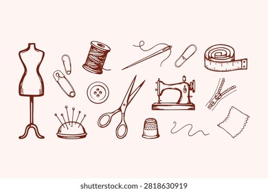 Sewing Tools Doodle Icon Set