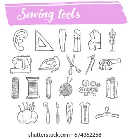sewing tools doodle icons,sewing kit