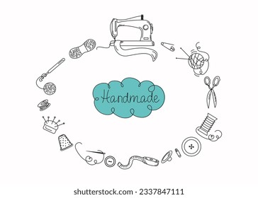 Sewing tools, doodle style. Handmade, Handicrafts set with elements of a sewing machine, threads, needles, dummy, scissors. Vector.	