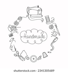 Sewing tools, doodle style. Handmade. Handicrafts set,  elements of a sewing machine, threads, needles, dummy, scissors. Vector  illustration, isolated background.	