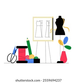 Sewing Tools And Dress Sketch On Board In Flat Vector Illustration Symbolizing Fashion Design, Creativity, And Tailoring, Isolated On White Background