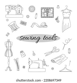 Sewing tools. Sewing elements for your design. Sewing machines, buttons, scissors, needles, etc. Flat outline vector illustration.