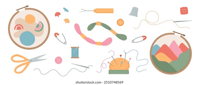 Ferramentas de costura e bordados conjunto com fio, agulha, alfaiate, costura e coser objetos. Inclui tesoura, botões, alfinete almofada e aros de bordado. Gráfico de desenho animado plano, design de vetor bonito.