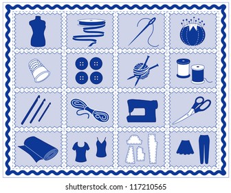 Sewing Tools: fashion model, needle, thread, scissors, yarn, ribbon, pincushion, for sewing, tailoring, needlework, quilting, crochet, craft, do it yourself hobbies, blue rick rack frame. EPS8 svg