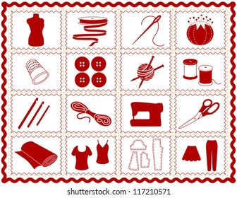 Sewing Tools: fashion model, needle, thread, scissors, yarn, ribbon, pincushion, for sewing, tailoring, needlework, quilting, crochet, craft, do it yourself hobbies, red rick rack frame. EPS8.