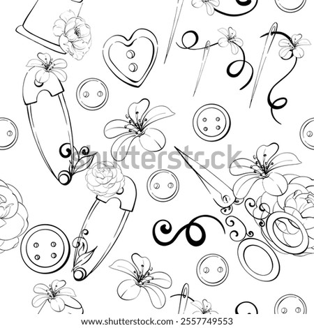 Sewing tools with flowers, romantic retro seamless background. Scissors, needles, buttons, pins, Spool of thread. Vintage old fashion, tailoring for postcard, fabric, printing. Graphic vector line