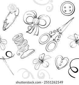 Sewing tools with flowers, seamless background. Scissors, needles, buttons, pins, Spool of thread. Handcraft in retro style. Vintage romantic old fashion, tailoring for postcard, fabric, printing