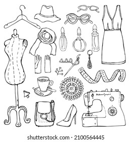 Sewing tools in a hand-drawn kit: sewing machine, tailor's dummy, dresses, bag, hanger, hat, gloves, pins, tape measure, and more. Sewing accessories for the hobby. Sewing set of painted elements. 