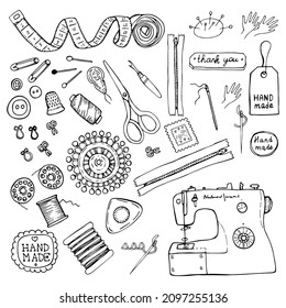 Sewing tools in a hand-drawn set: thread, sewing machine,scissors, chalk, pins, paper tag hand made, tape measure, needle rod, pin needle. Sewing supplies for the hobby. Vector illustration.