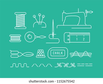 Sewing tools icons in linear style vintage objects for hand made and craft vector set