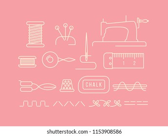 Sewing tools icons in linear style vintage objects for hand made and craft vector set