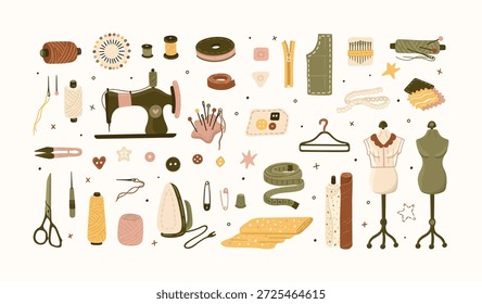 Sewing tools illustration set. Tailoring supplies. Vector.