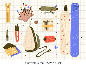 Conjunto de ilustrações de ferramentas de costura. Material de alfaiataria. Vetor.