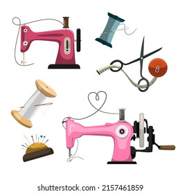 Sewing tools isolated on white background - sewing machine, scissors, thread on spool, meter and pins
