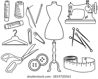 Sewing tools line art vector set with mannequin, sewing machine, scissors, thread, needles and tape measure for tailor and craft