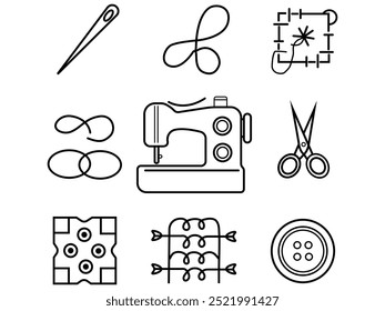 Sewing Tools Line Icons Set  Needle, Thread, and Sewing Machine