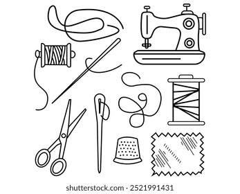 Sewing Tools Line Icons Set  Needle, Thread, and Sewing Machine