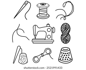 Sewing Tools Line Icons Set  Needle, Thread, and Sewing Machine