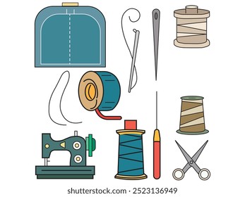 Sewing Tools Line Icons Set Needle, Thread, and Sewing Machine	