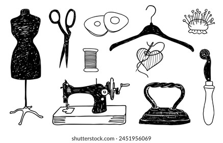 Sewing tools, mannequin, scissors, thread reel, iron, needle, sewing machine, tailor chalk, pins, hanger, set, retro,doodle,set, vector hand drawn illustration, isolated