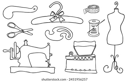 Nähwerkzeuge, Schaufensterpuppe, Schere, Fadenrolle, Bügeleisen, Nadel, Nähmaschine, Aufhänger, Maßband, Vorlage, Set, Retro,Doodle,Set, Vektorgrafik handgezeichnete Illustration, isoliert