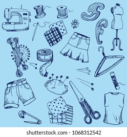 Sewing tools and materials set. Hand drawing, thread, needle, mannequin, clothing, sewing machine. Vector illustration.