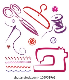 sewing tools and objects set, vector illustration in simple lines