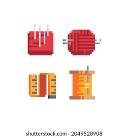 Sewing tools, pixel art flat icons set. Threads, button, needle and knitting thread. Isolated vector illustration. Knitting and sewing accessories.  Game assets.
