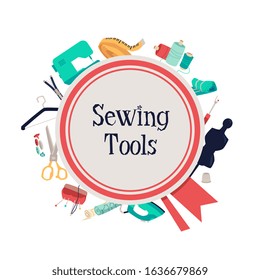 Sewing tools poster with tailor's equipment kit on background - fashion designer's sewing machine, thread and needles, pin cushion an other objects. Flat isolated vector illustration