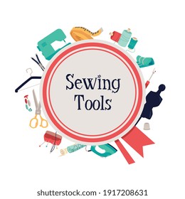 Sewing tools poster with tailor's equipment kit on background - fashion designer's sewing machine, thread and needles, pin cushion an other objects. Flat isolated vector illustration