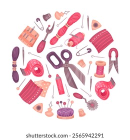 Sewing Tools Round Composition Design with Handcraft Equipment Vector Template