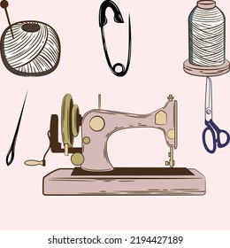 Sewing tools, scissors, needle bar, pin needle. Sewing accessories for hobby. Dressmaking needlework stitch fancywork, machine embroidery. Vector illustration