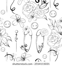 Sewing tools - scissors, needle, tape measure and pins. Seamless pattern with flowers, background. Handcraft in retro style. Vintage old fashion, romantic tailoring for postcard, fabric, printing