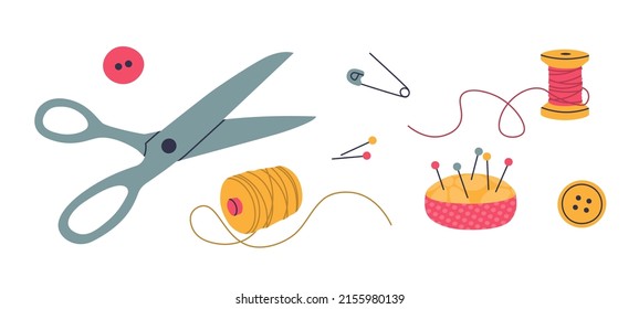 Sewing tools - scissors, thread, pin, needle bar, safety pins and buttons. Vector isolated elements ideal for your design.