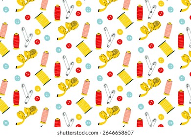 Sewing Tools Seamless Pattern – Cute Thread Spools, Buttons, Tape and Pins Vector for Fabric and Craft Projects.Playful seamless vector pattern featuring colorful sewing items like measuring tapes, 

