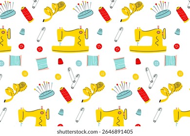 Ferramentas de costura Padrão sem costura - bobinas de rosca bonito, botões, fita e pinos Vetor para projetos de tecido e artesanato.Perfeito para impressões têxteis, papel scrapbook, papel de embalagem, marca de moda