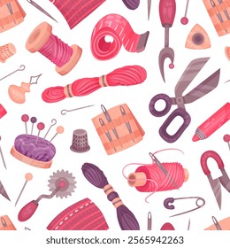 Sewing Tools Seamless Pattern Design with Handcraft Equipment Vector Template