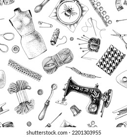 Sewing tools seamless pattern monochrome