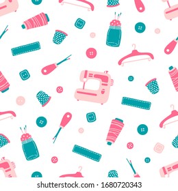 Sewing tools seamless pattern on white background. Hand drawn flat cartoon vector illustration. Hand craft, tailor shop, hobby concept. Textile, wrapping, paper, brochure, magazine, design.