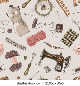 Sewing tools seamless pattern on beige background