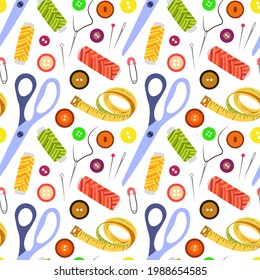 Sewing Tools Seamless Pattern Scissor Thread Needle Button Safety Pin Measuring Tape