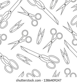 Sewing tools seamless pattern, vector background. Colorful outline sewing scissors. For wallpaper design, fabric, wrapper, prints, decoration, store sewing accessories