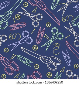 Sewing tools seamless pattern, vector background. Colorful outline sewing scissors. For wallpaper design, fabric, wrapper, prints, decoration, store sewing accessories
