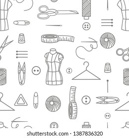 Sewing tools seamless pattern, vector background. Monochrome sewing supplies on white background. For wallpaper design, fabric, wrapper, prints, decoration, store sewing accessories
