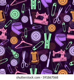 Sewing tools seamless pattern, vector background. Multicolored sewing supplies on dark violet background. For wallpaper design, fabric, wrapper, prints, decoration, store sewing accessories