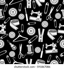 Sewing tools seamless pattern, vector background. White sewing supplies on black background. For wallpaper design, fabric, wrapper, prints, decoration, store sewing accessories