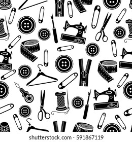 Sewing tools seamless pattern, vector background. Black sewing supplies on white background. For wallpaper design, fabric, wrapper, prints, decoration, store sewing accessories
