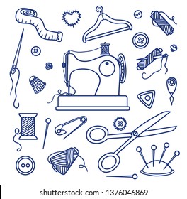 Sewing tools set. Blue countour on the white. Sketching stile. Vector.